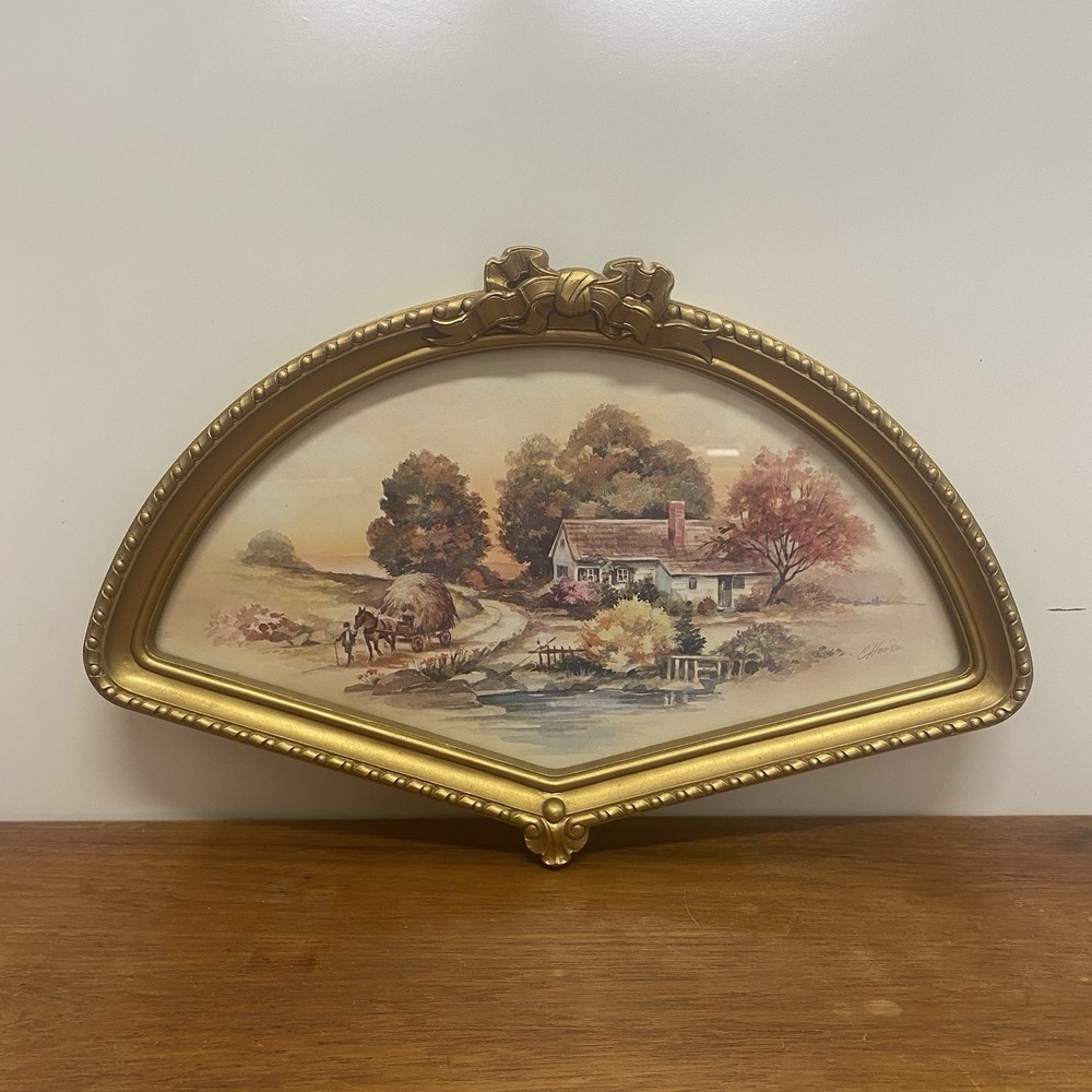 Vintage Homco Fan Shape Gold Bow Framed Picture Autumn Harvest Cottage